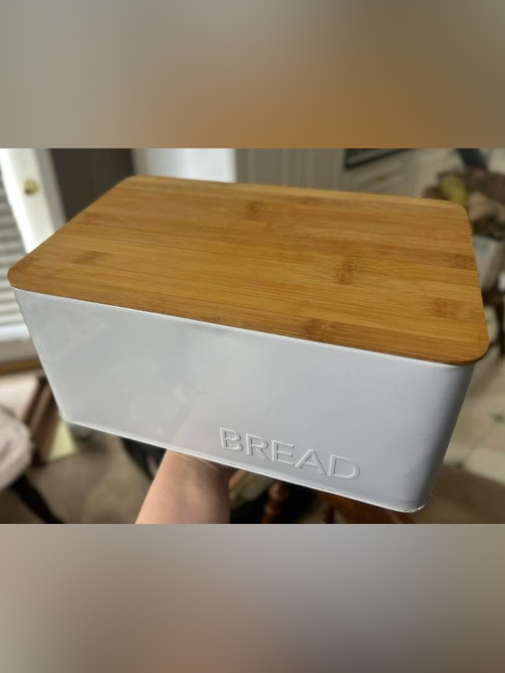 White Tin Bread Box with Wooden Lid